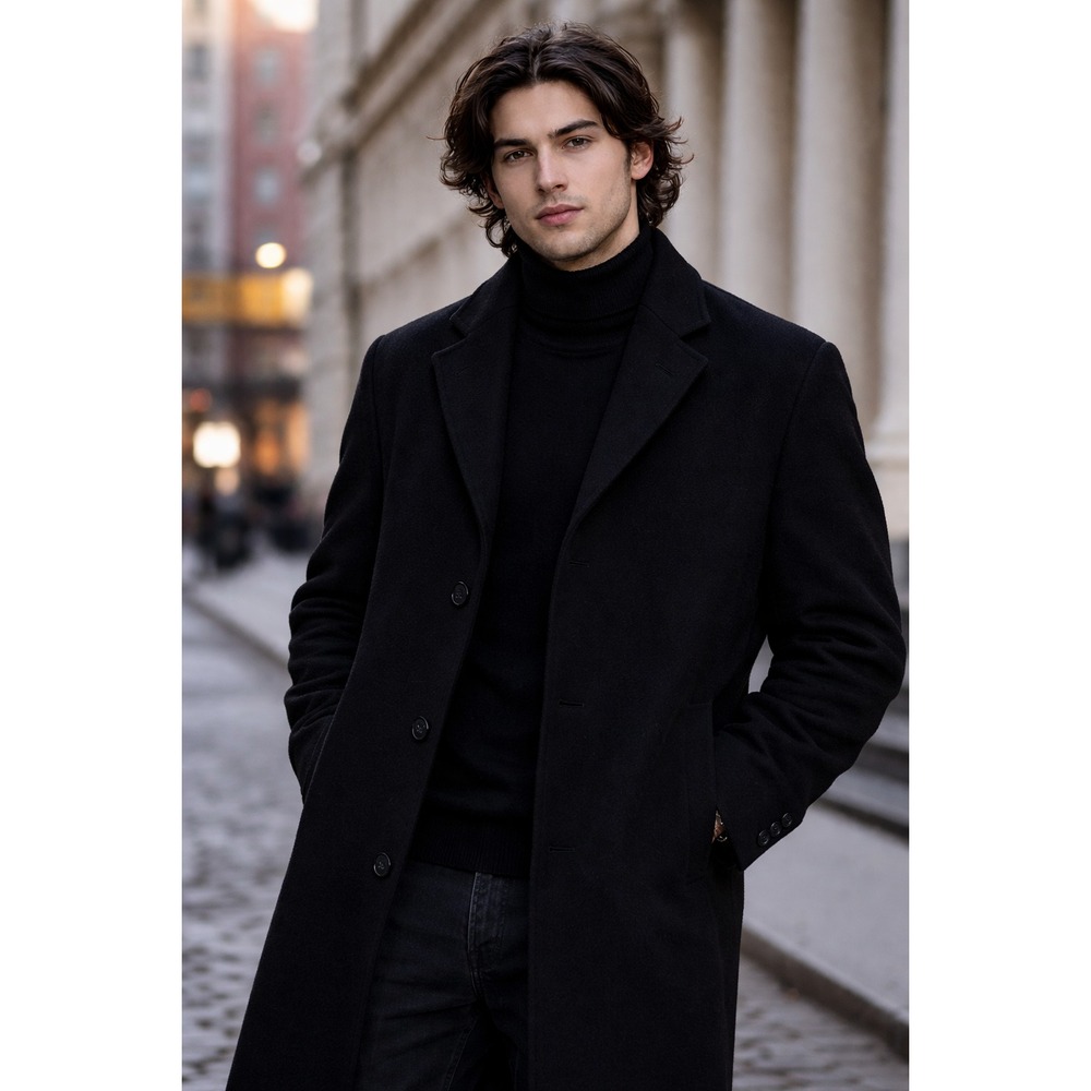 Perry Ellis Portfolio Men's 40R Black Wool Overcoat Classic Dress Coat Category
